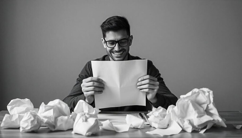 Persona trabajando en un escritorio, cambiando la frustración inicial por una expresión positiva al encontrar una solución.